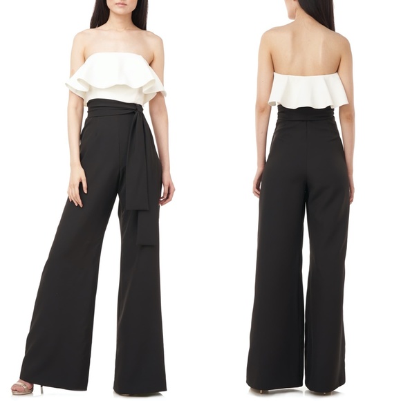 NEW LOVE BY THEIA Black & White STRAPLESS Tie Waist RUFFLE Cocktail JUMPSUIT 12 - Picture 2 of 16